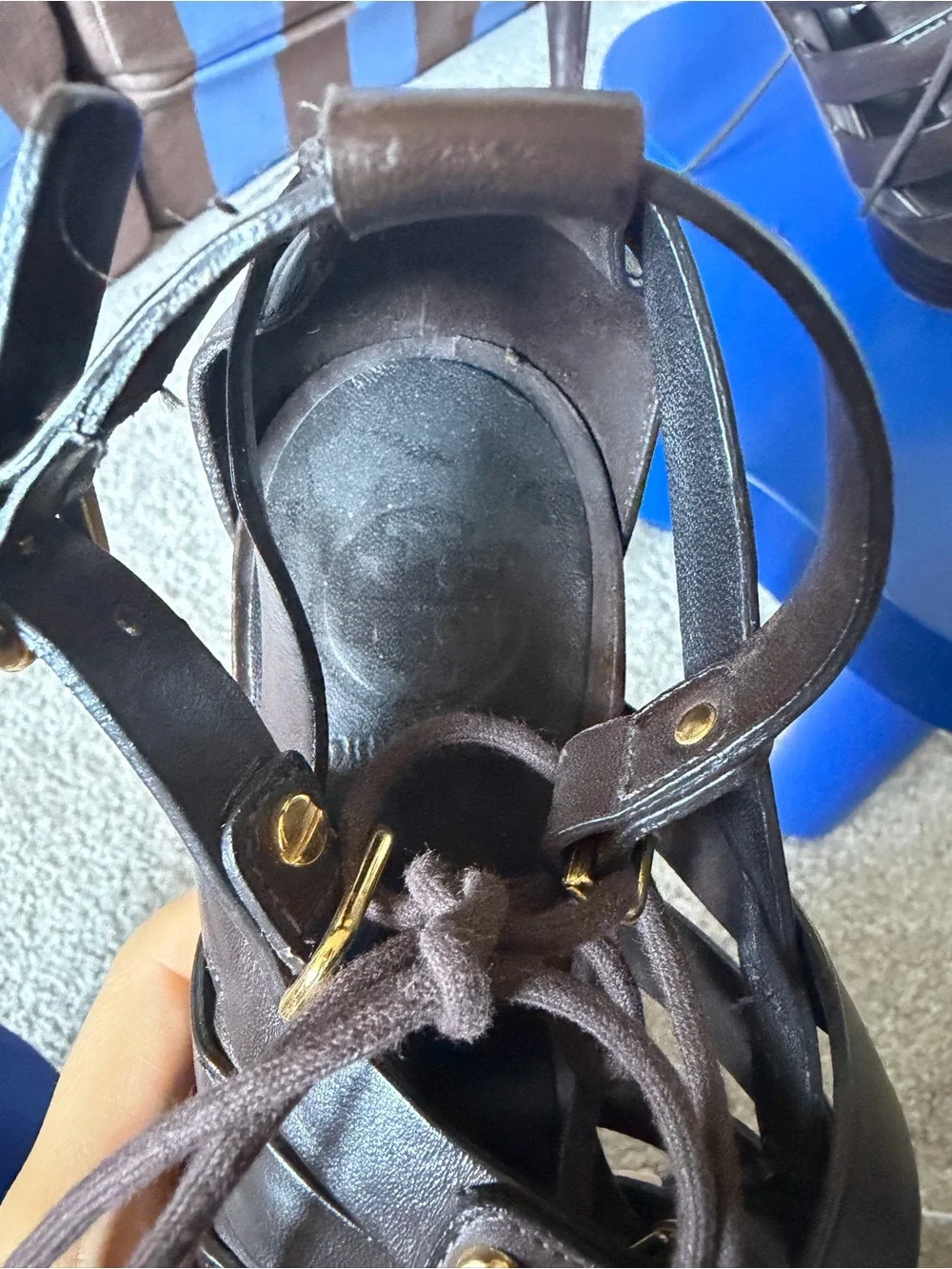 Tory Burch Dark Brown Strappy Gladiator Heels with Gold Accents